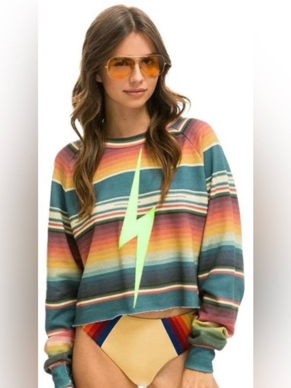 Aviator Nation Serape Bolt Stitch Cropped Crew Sweatshirt sz S